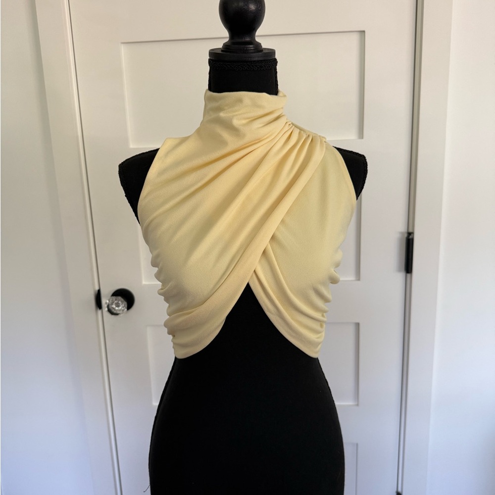 Neutral Yellow High-Neck Draped Crop Top